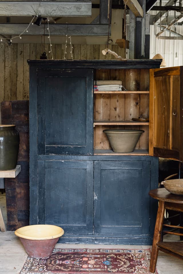 Blue Black 19th Century Pine Housekeeper's Cupboard