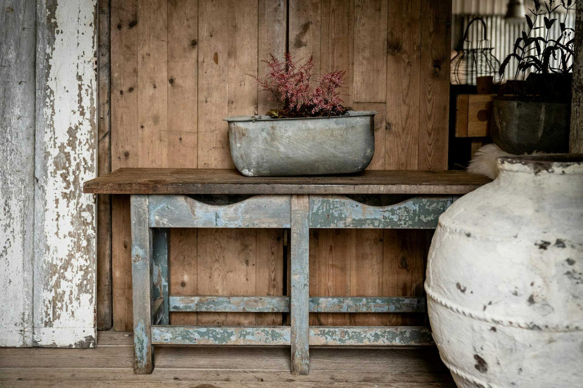 Rustic Low Table with Original Blue Paint