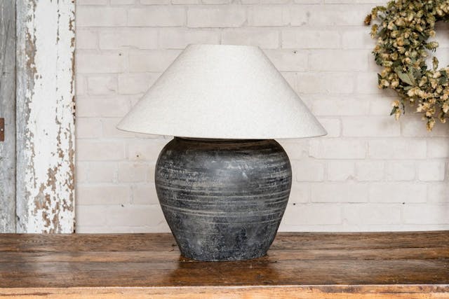Antique Chinese Storage Jar Lamp - Belgian Linen Shade