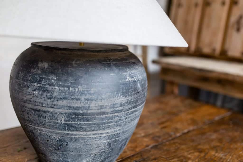 Antique Chinese Storage Jar Lamp - Belgian Linen Shade