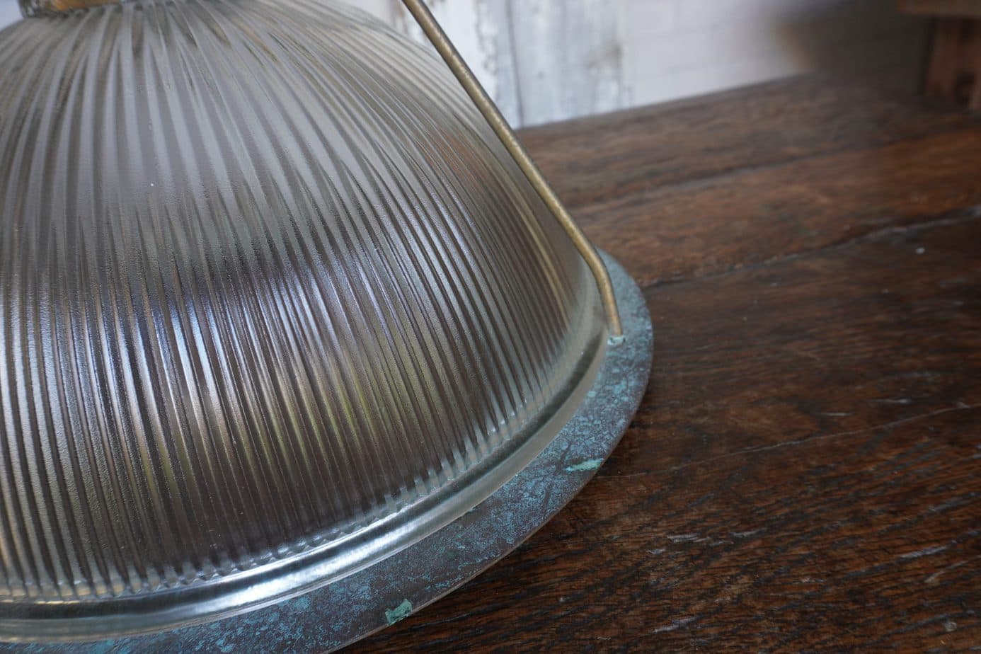 Vintage Clear Glass Holophane Light with Verdigris Patina