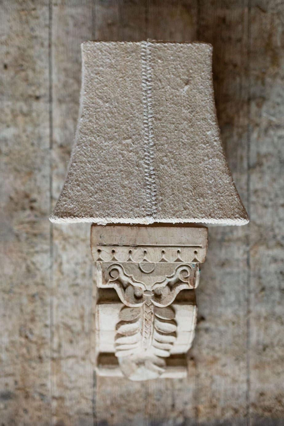 Carved Architectural Corbell Wall Lights with Pale Irish Linen Shades