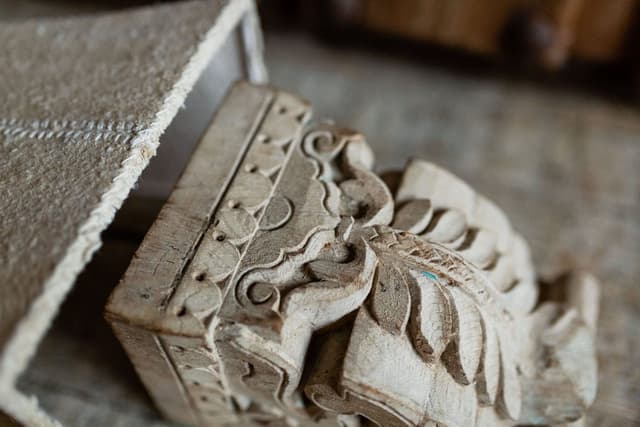 Carved Architectural Corbell Wall Lights with Pale Irish Linen Shades