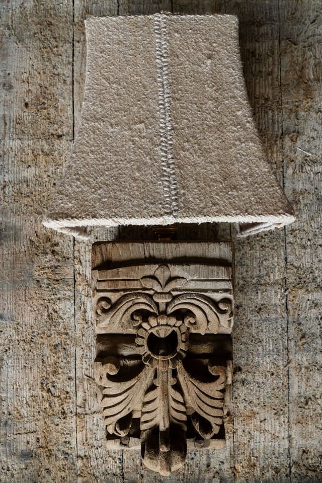 Carved Architectural Corbell Wall Lights with Pale Irish Linen Shades