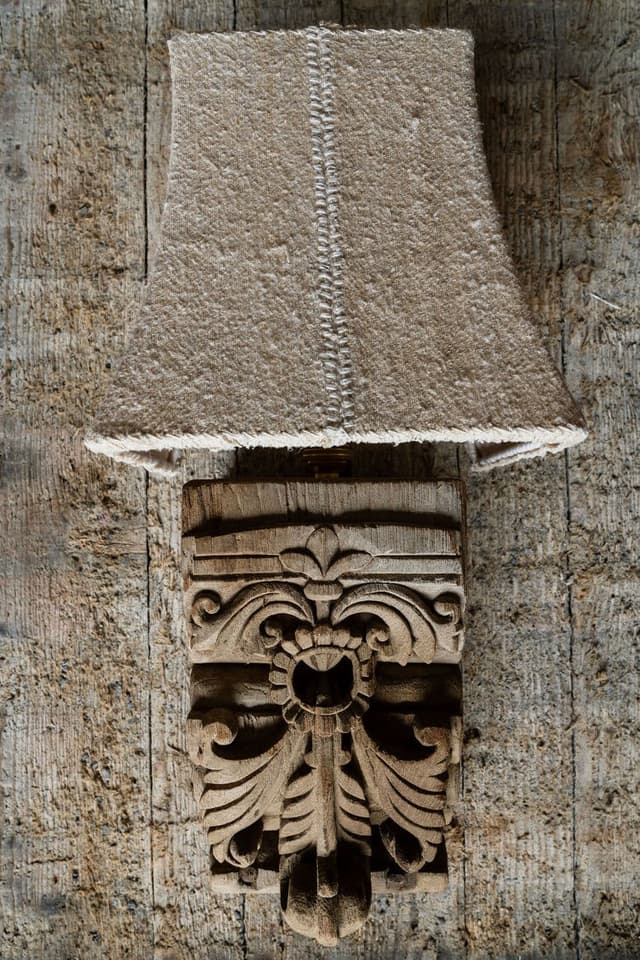 Carved Architectural Corbell Wall Lights with Pale Irish Linen Shades