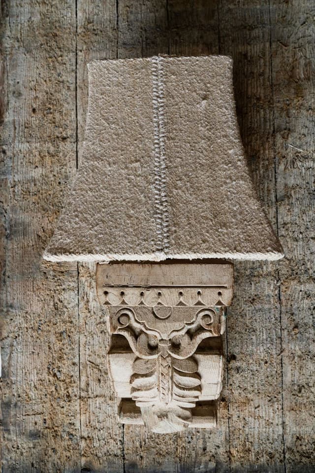 Carved Architectural Corbell Wall Lights with Pale Irish Linen Shades