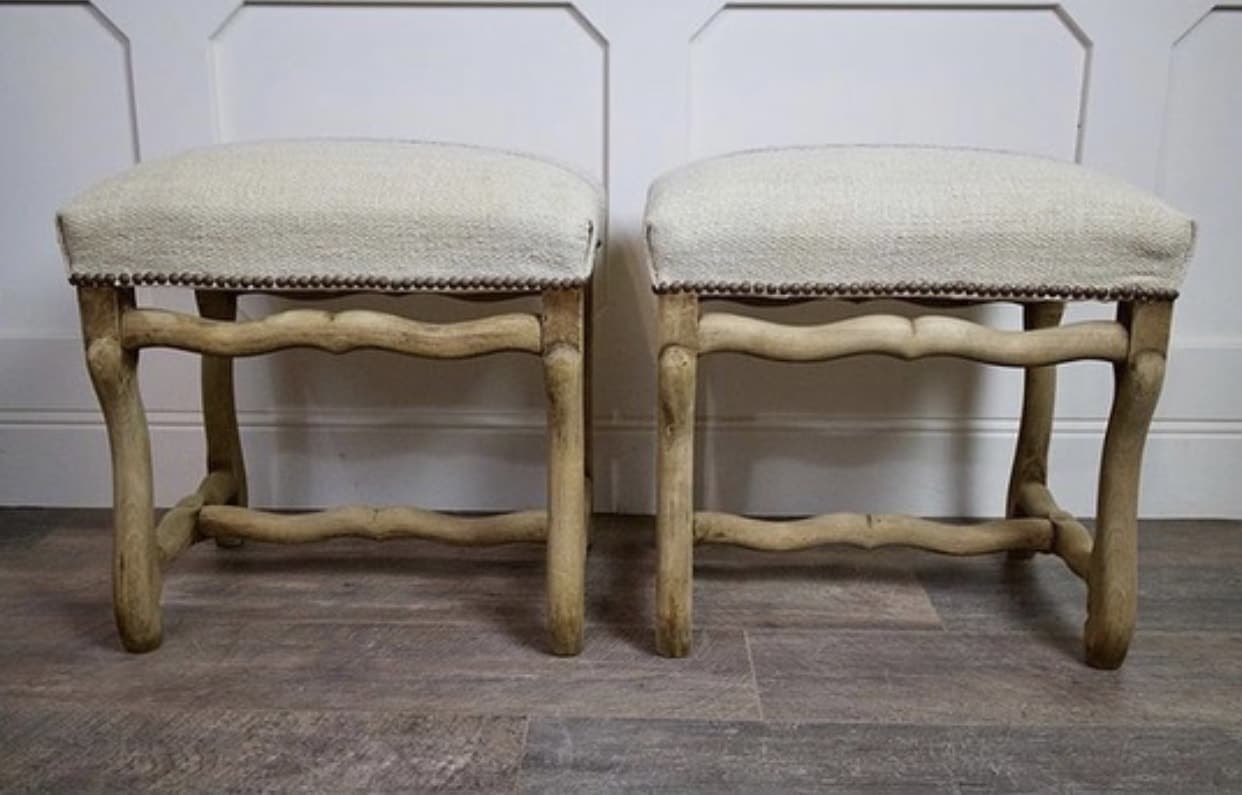 Pair of Os de Mouton Stools - Upholstered in French Linen