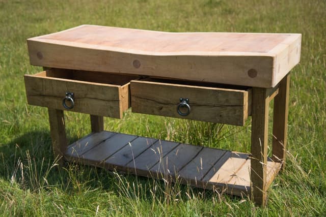 Maple Butcher's Block with a Handcrafted Two Drawer Base in Seasoned Oak