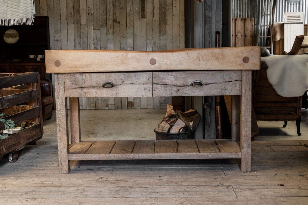 Maple Butcher's Block with a Handcrafted Two Drawer Base in Seasoned Oak