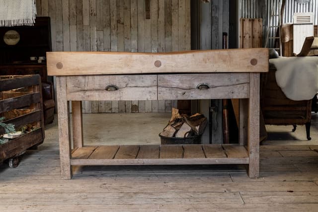 Maple Butcher's Block with a Handcrafted Two Drawer Base in Seasoned Oak