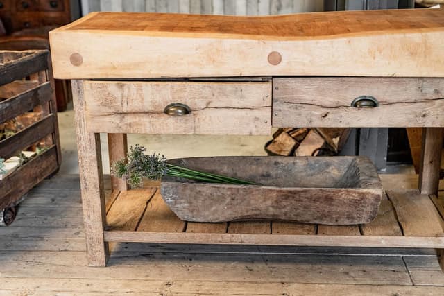 Maple Butcher's Block with a Handcrafted Two Drawer Base in Seasoned Oak