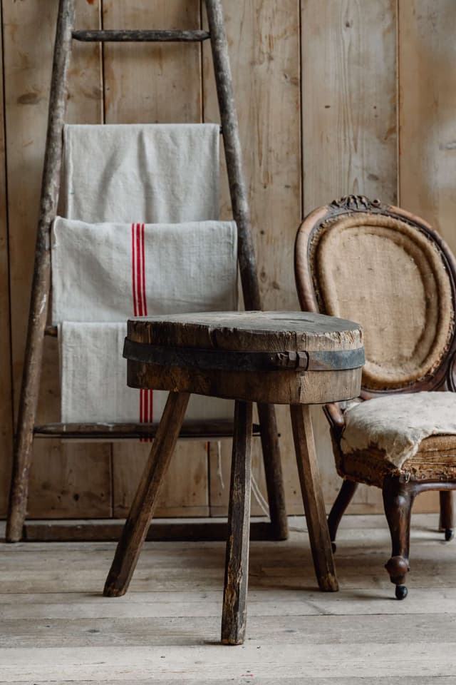 Rustic French Chopping Block Table with Original Iron Strap