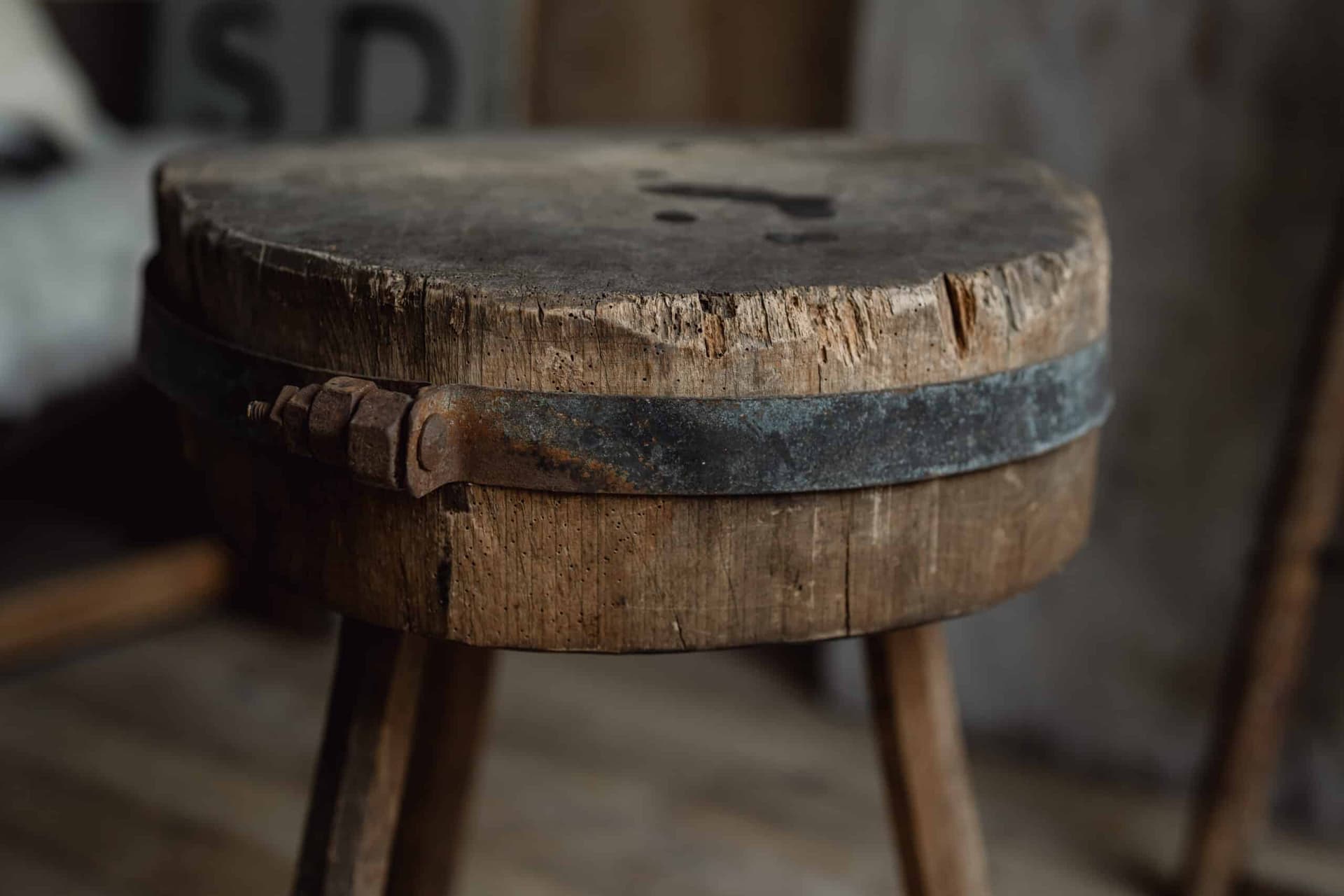 Rustic French Chopping Block Table with Original Iron Strap