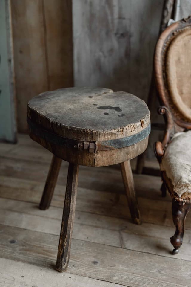 Rustic French Chopping Block Table with Original Iron Strap