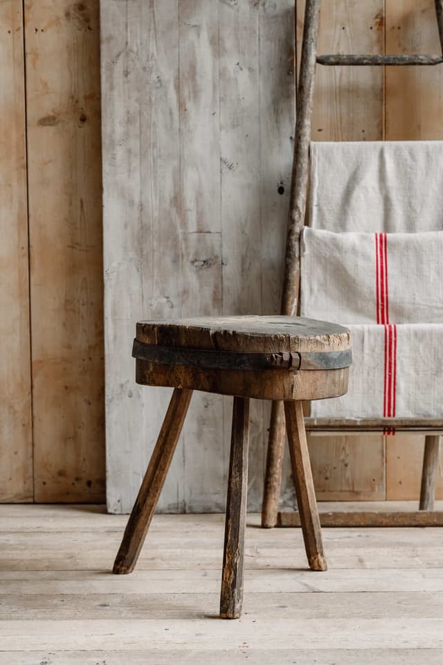 Rustic French Chopping Block Table with Original Iron Strap