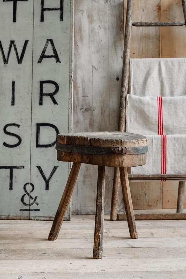 Rustic French Chopping Block Table with Original Iron Strap