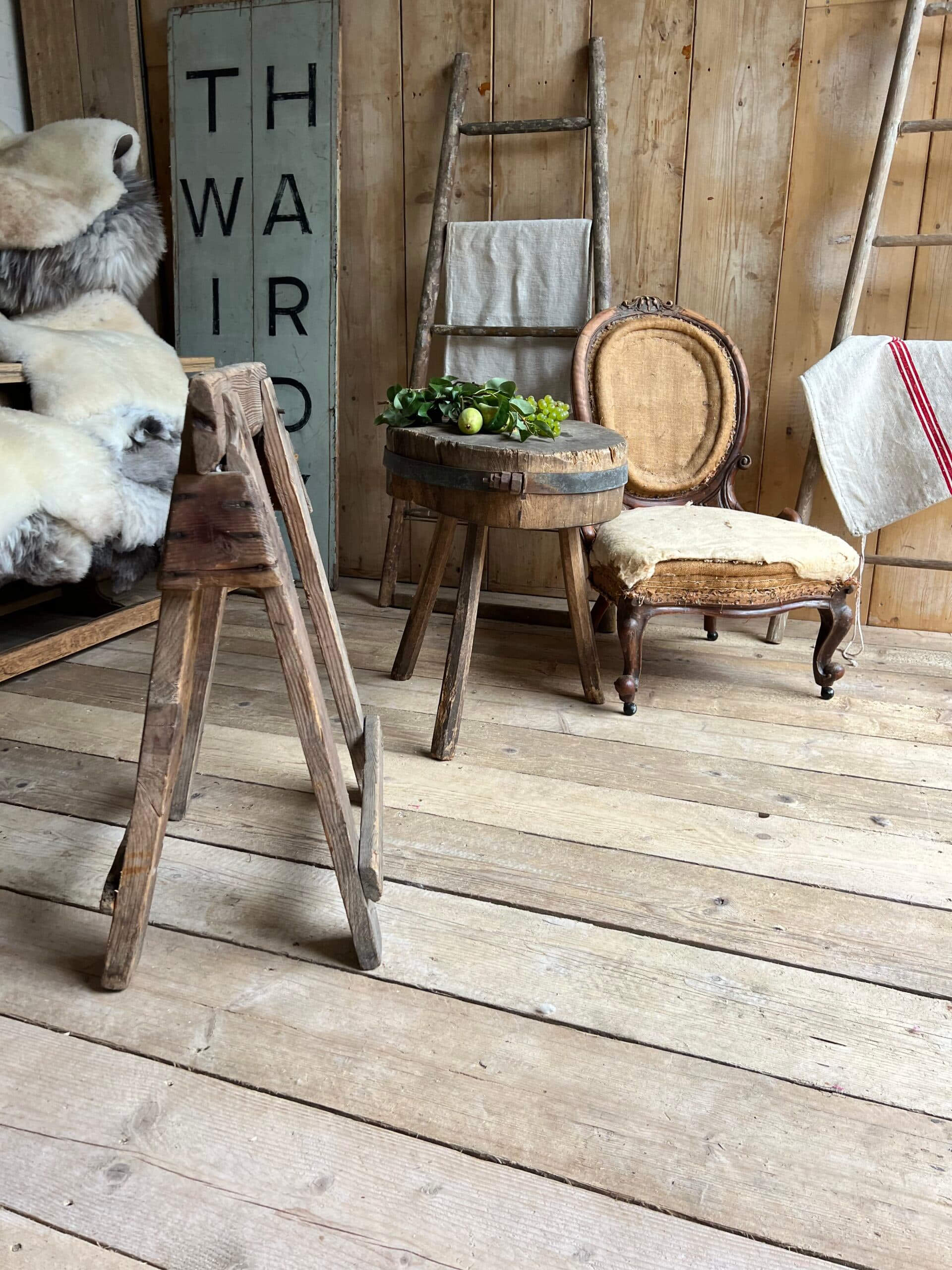 Rustic French Chopping Block Table with Original Iron Strap