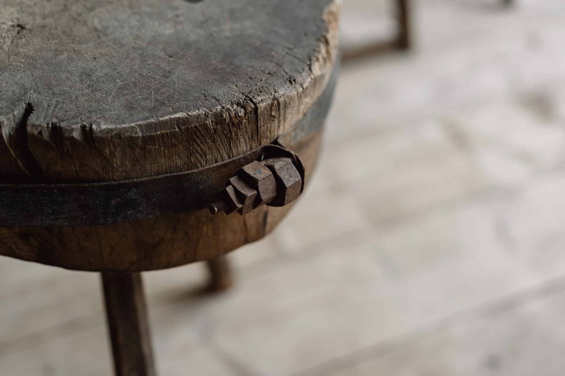 Rustic French Chopping Block Table with Original Iron Strap