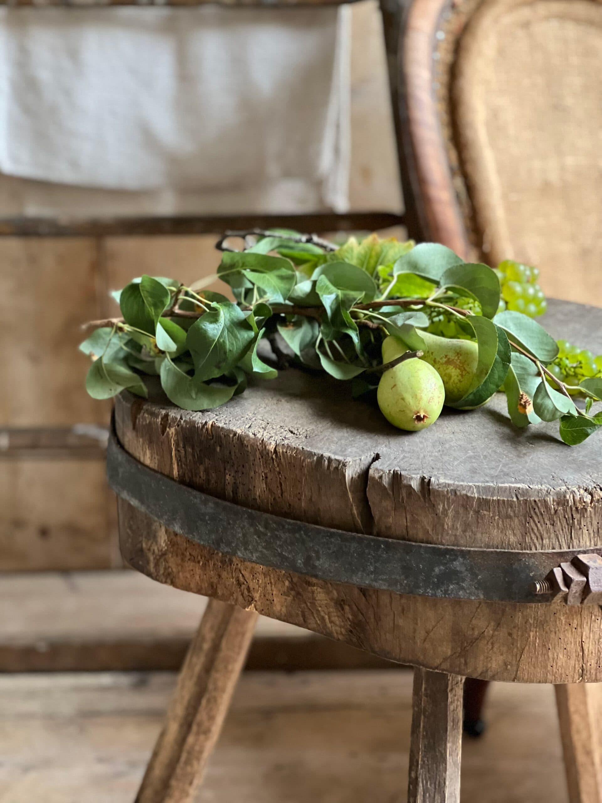 Rustic French Chopping Block Table with Original Iron Strap