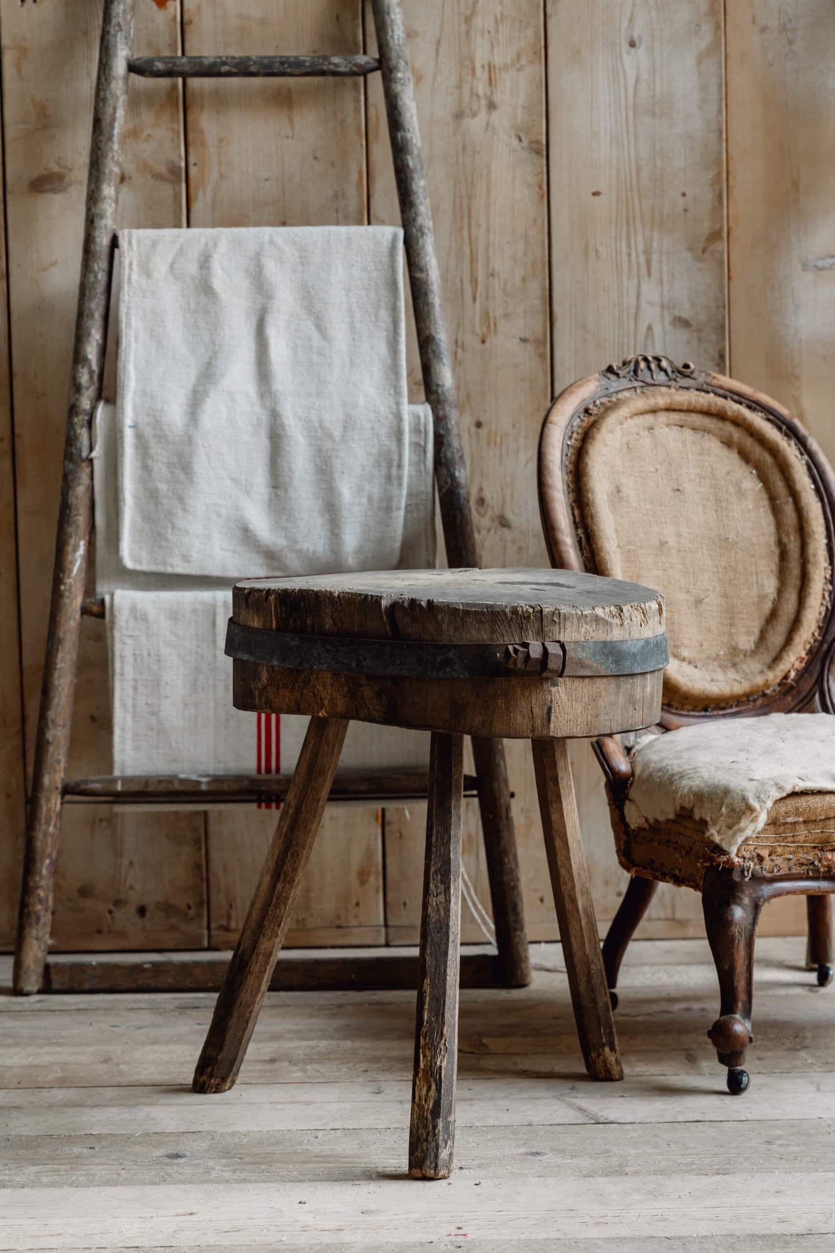 Rustic French Chopping Block Table with Original Iron Strap