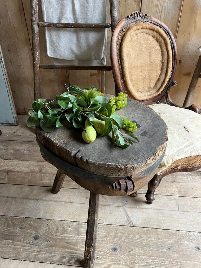 Rustic French Chopping Block Table with Original Iron Strap