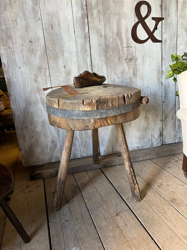 Rustic French Chopping Block Table with Original Iron Strap