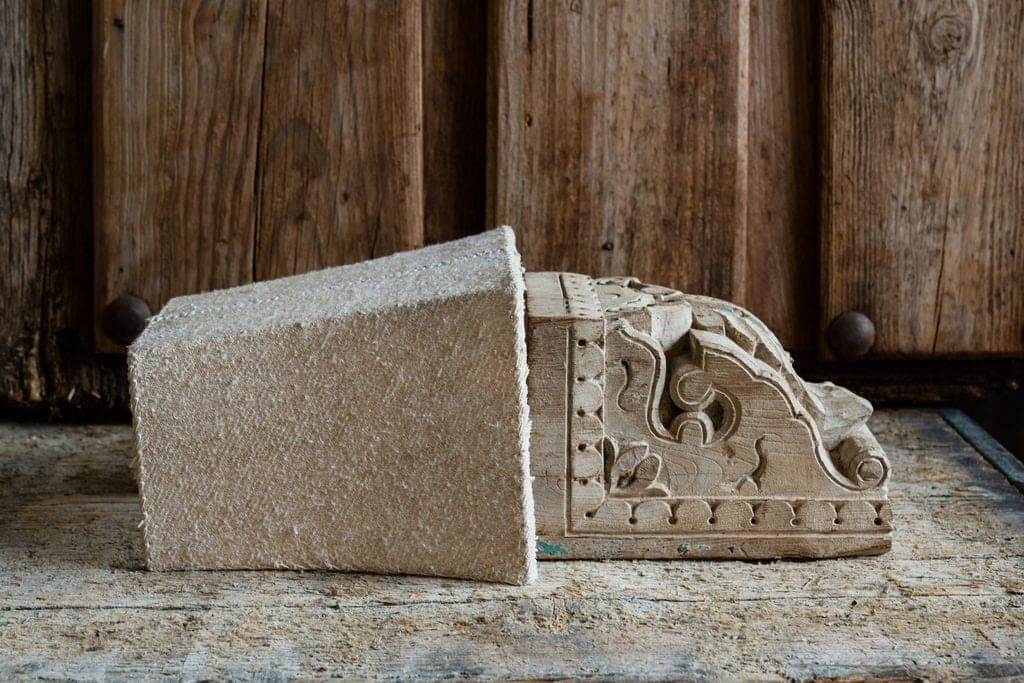 Carved Architectural Corbell Wall Lights with Pale Irish Linen Shades