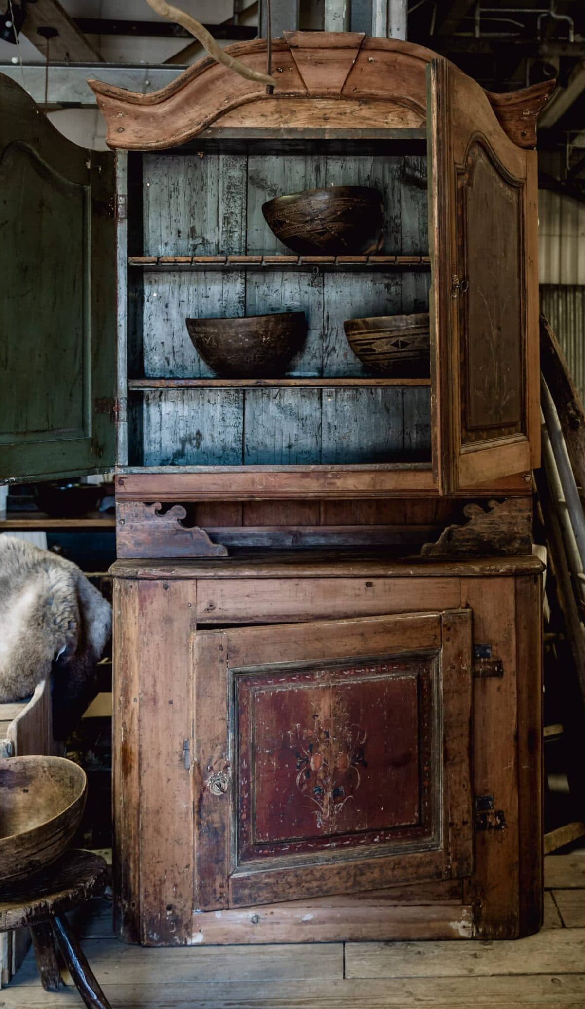 A Rare Swedish Folk Art Cupboard with Original Decorative Painted Panels
