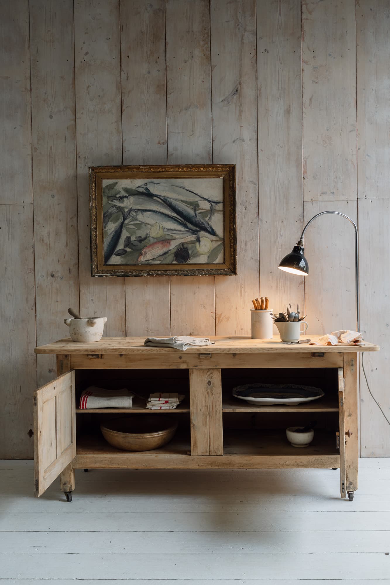 Antique Bleached Pine Couintry Cupboard on Original Castors