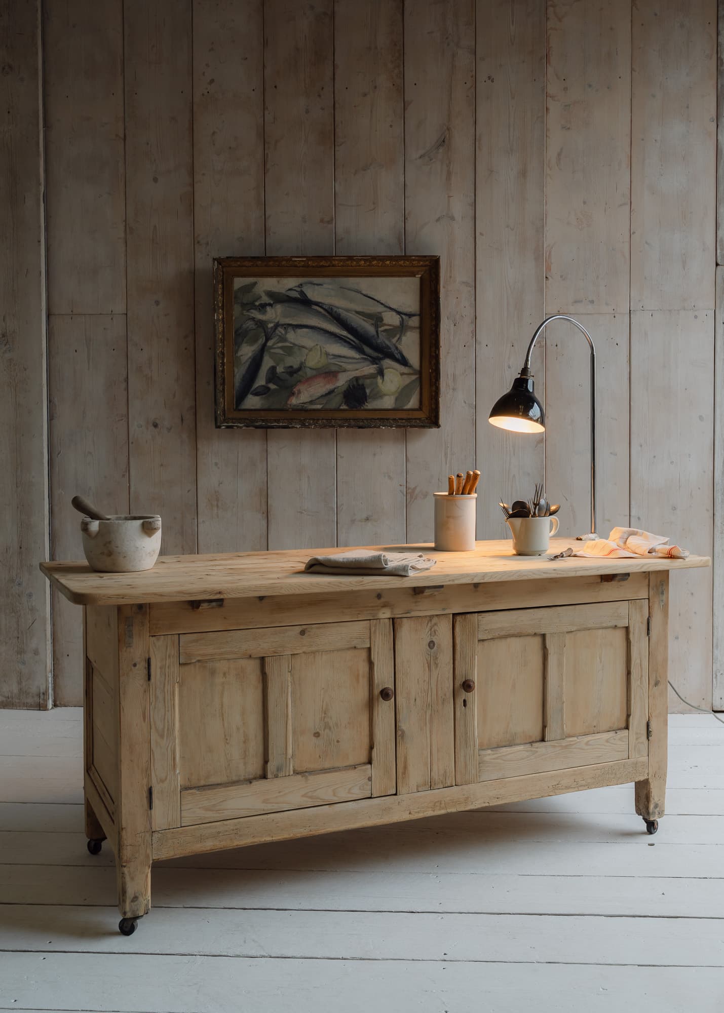 Antique Bleached Pine Couintry Cupboard on Original Castors