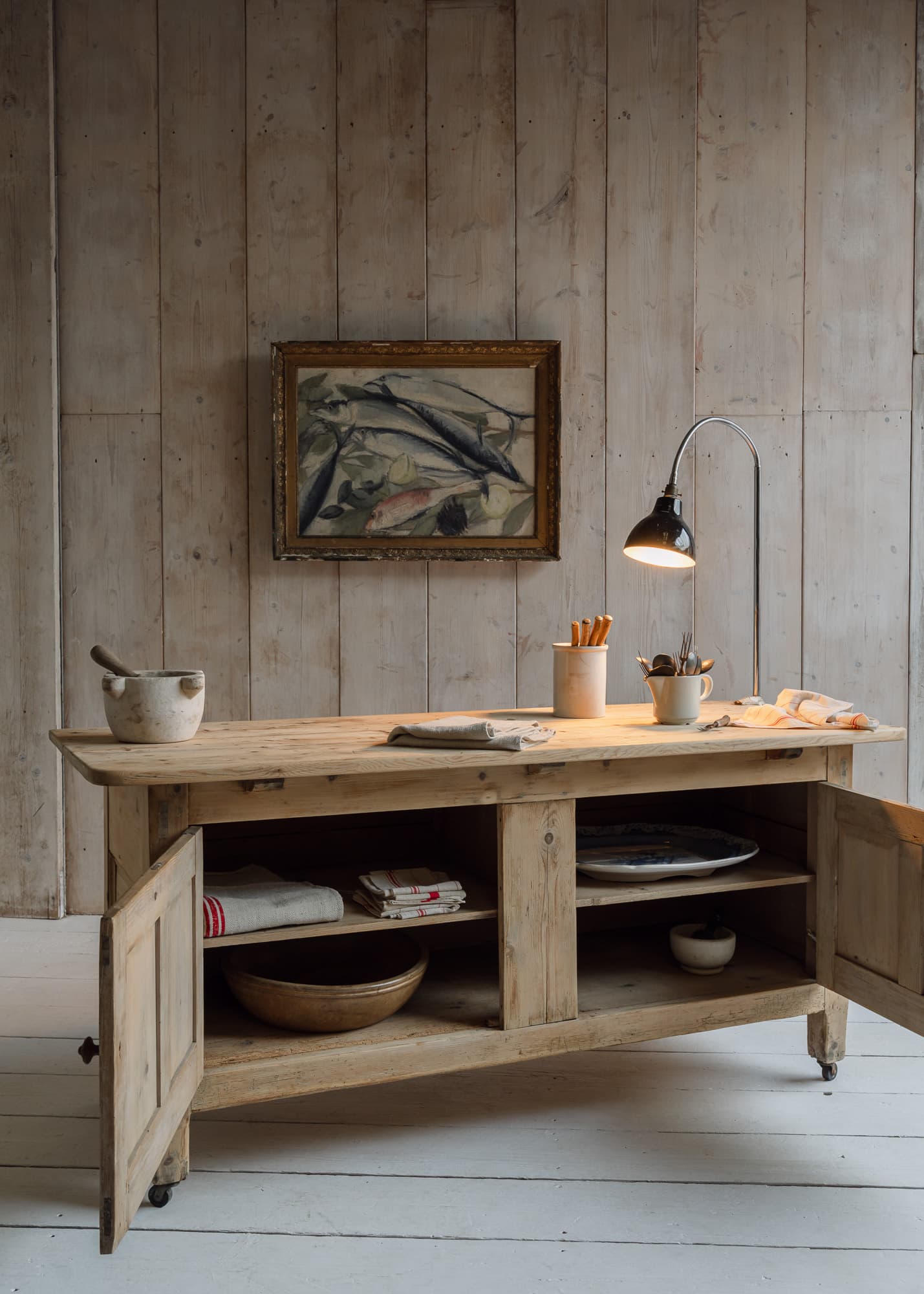 Antique Bleached Pine Couintry Cupboard on Original Castors