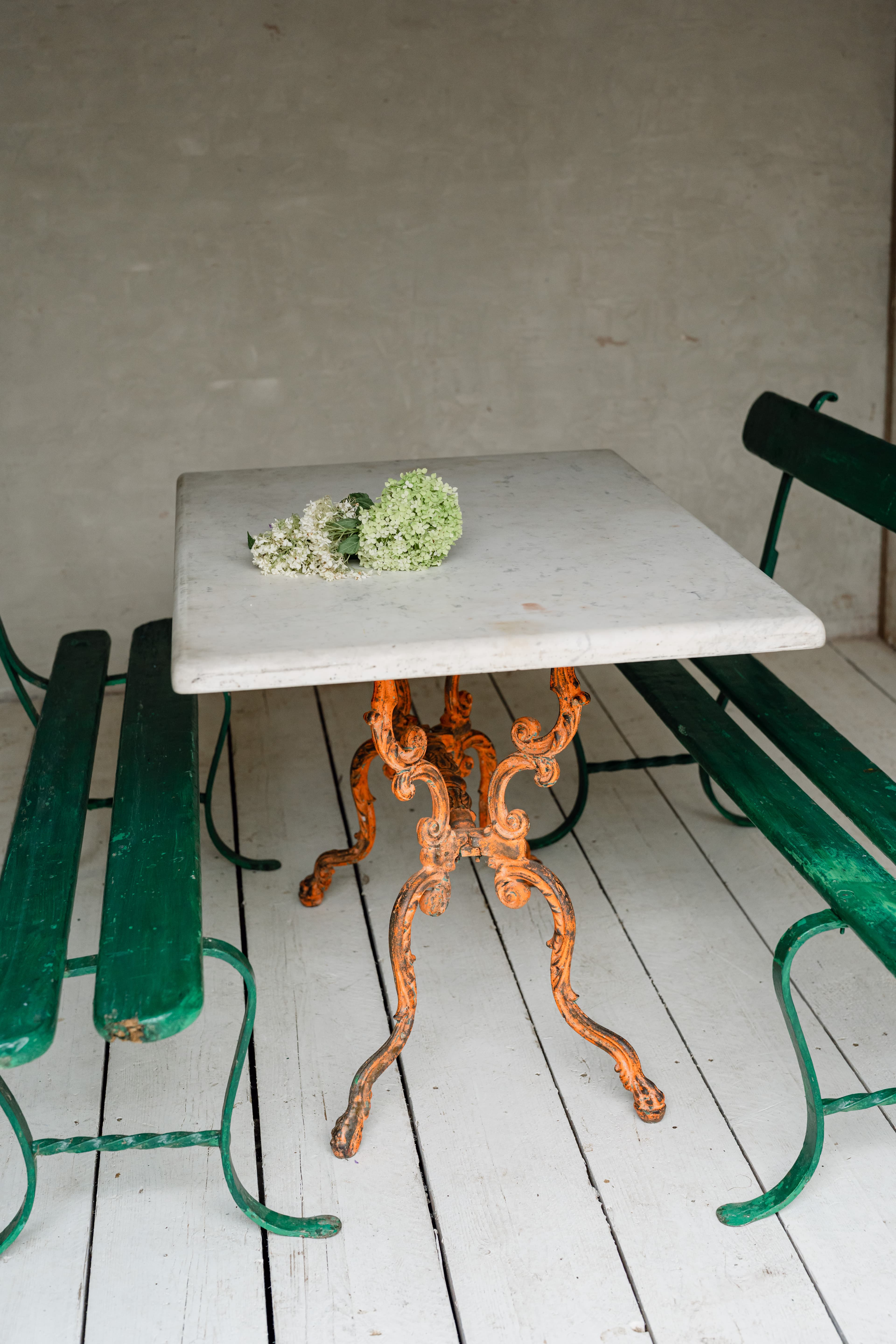 19th Century Italian Carrara Marble Table with Decorative Cast Iron Base