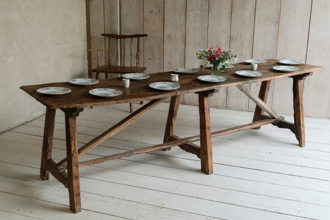 19th Century Catalan Pyrenean Pitch Pine Trestle Table
