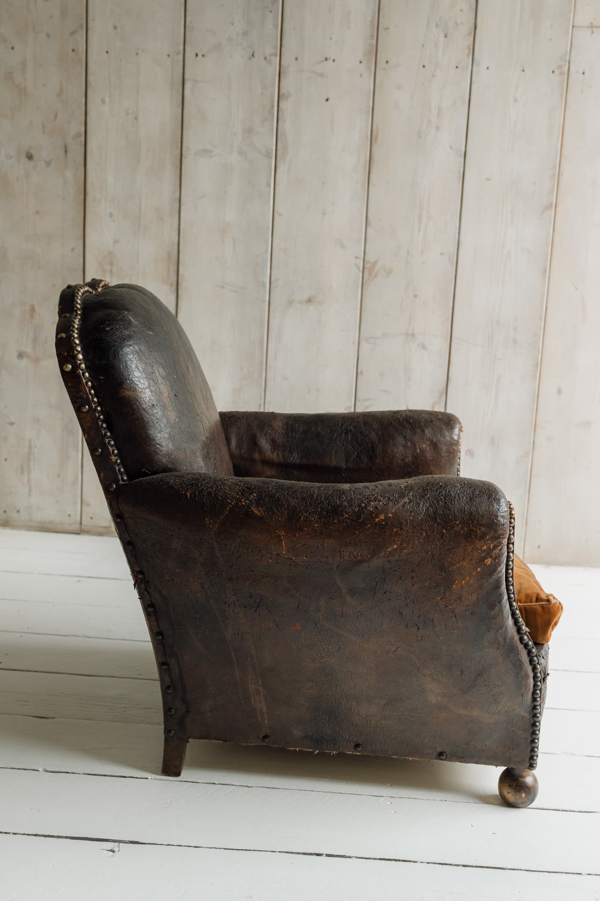 Completely Original English Country House Leather Armchair, c.1900