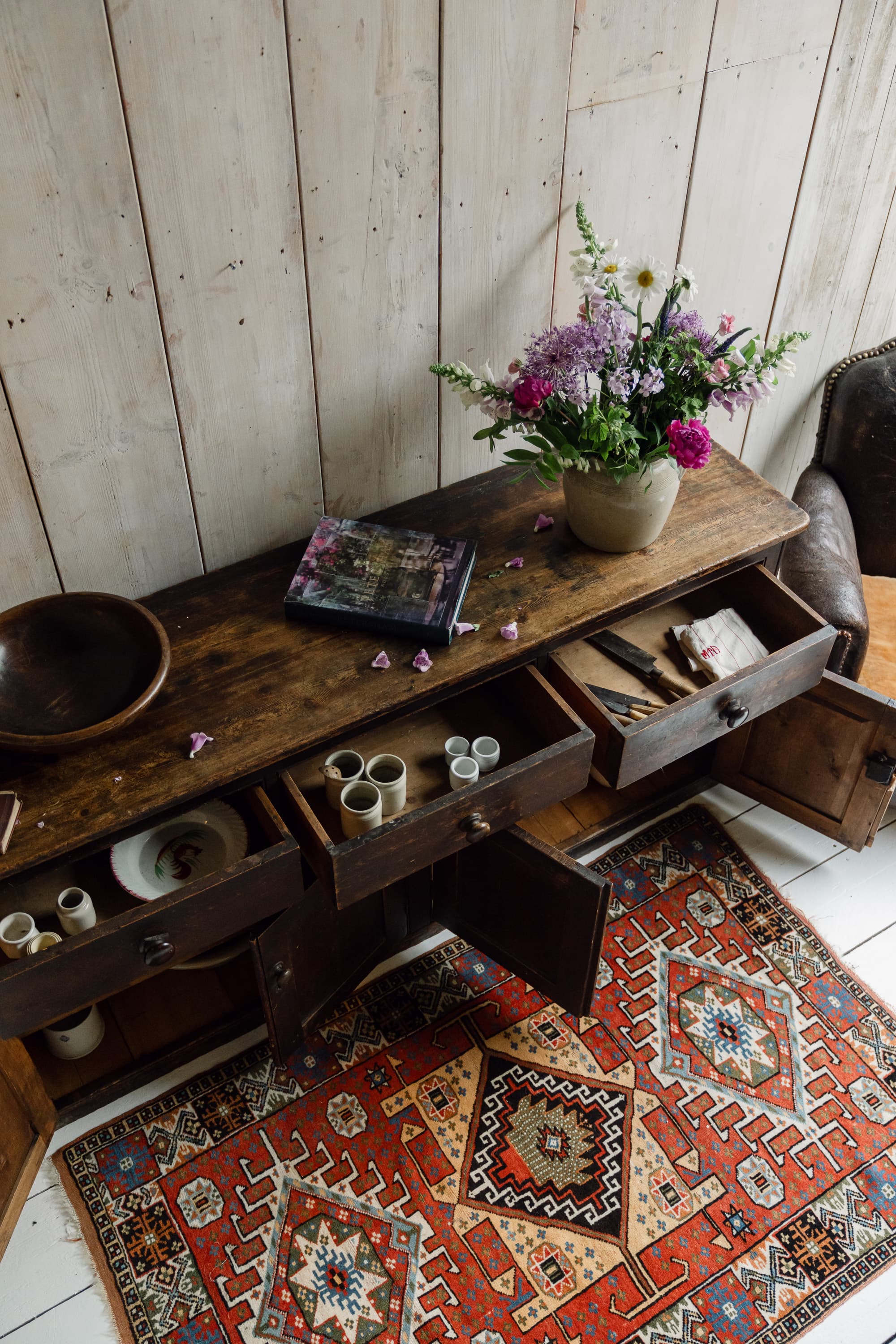 A Superb English West Country Pitch Pine Dresser Base, c.1850
