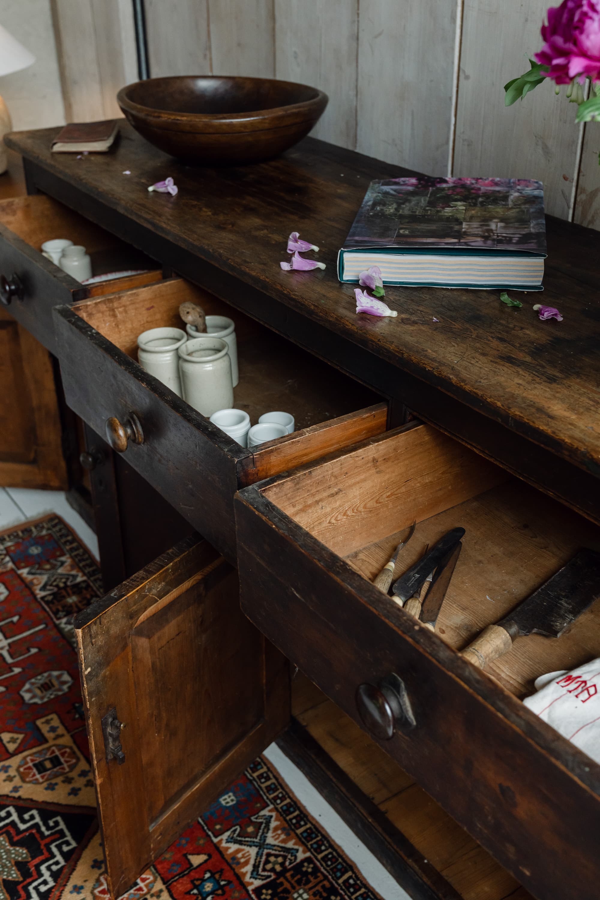 A Superb English West Country Pitch Pine Dresser Base, c.1850