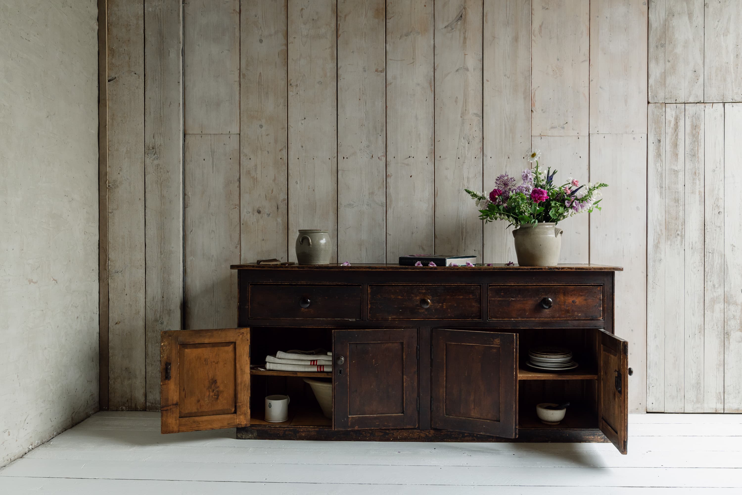 A Superb English West Country Pitch Pine Dresser Base, c.1850