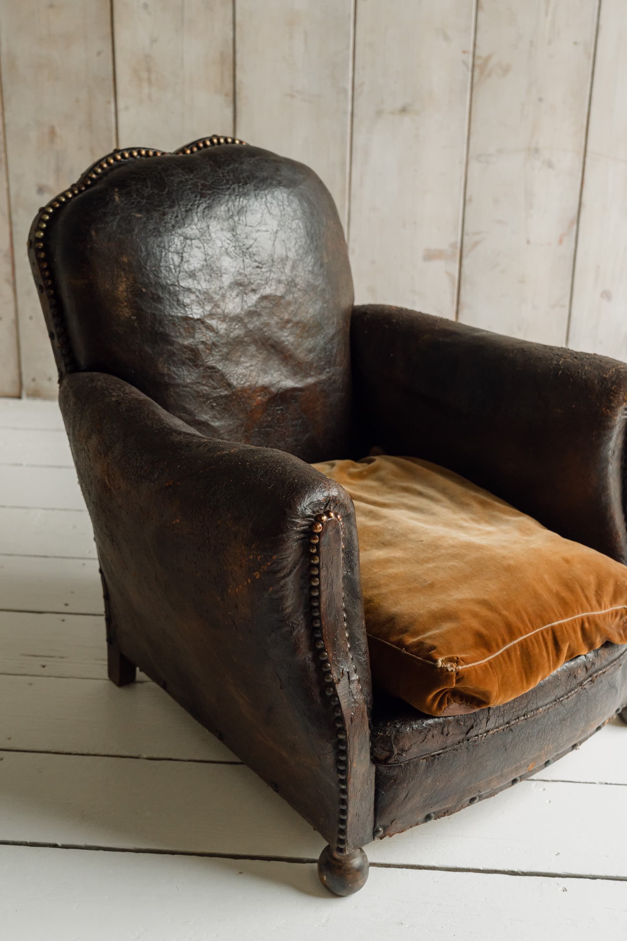 Completely Original English Country House Leather Armchair, c.1900