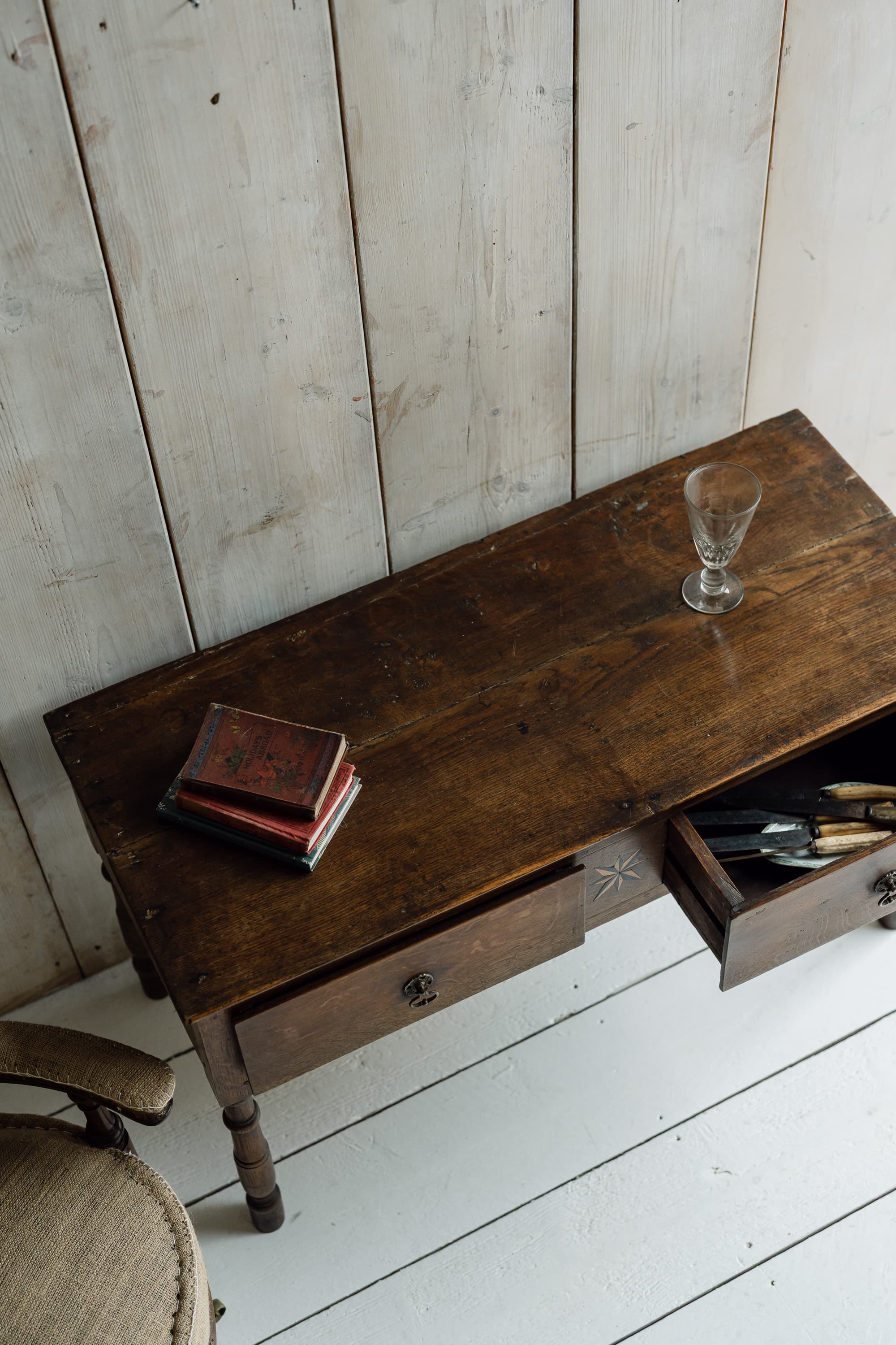 English Oak Country House Table with an Inlaid Compass Star