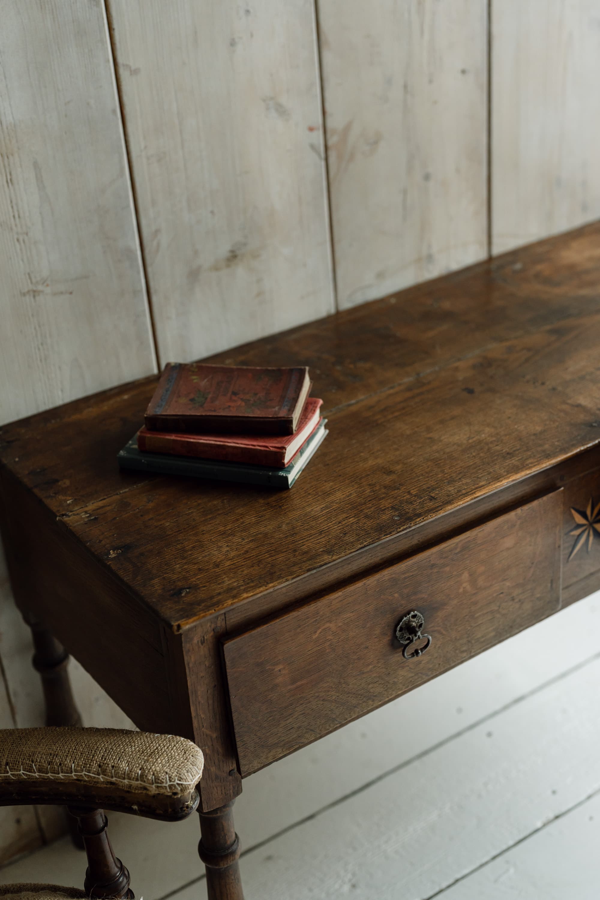English Oak Country House Table with an Inlaid Compass Star