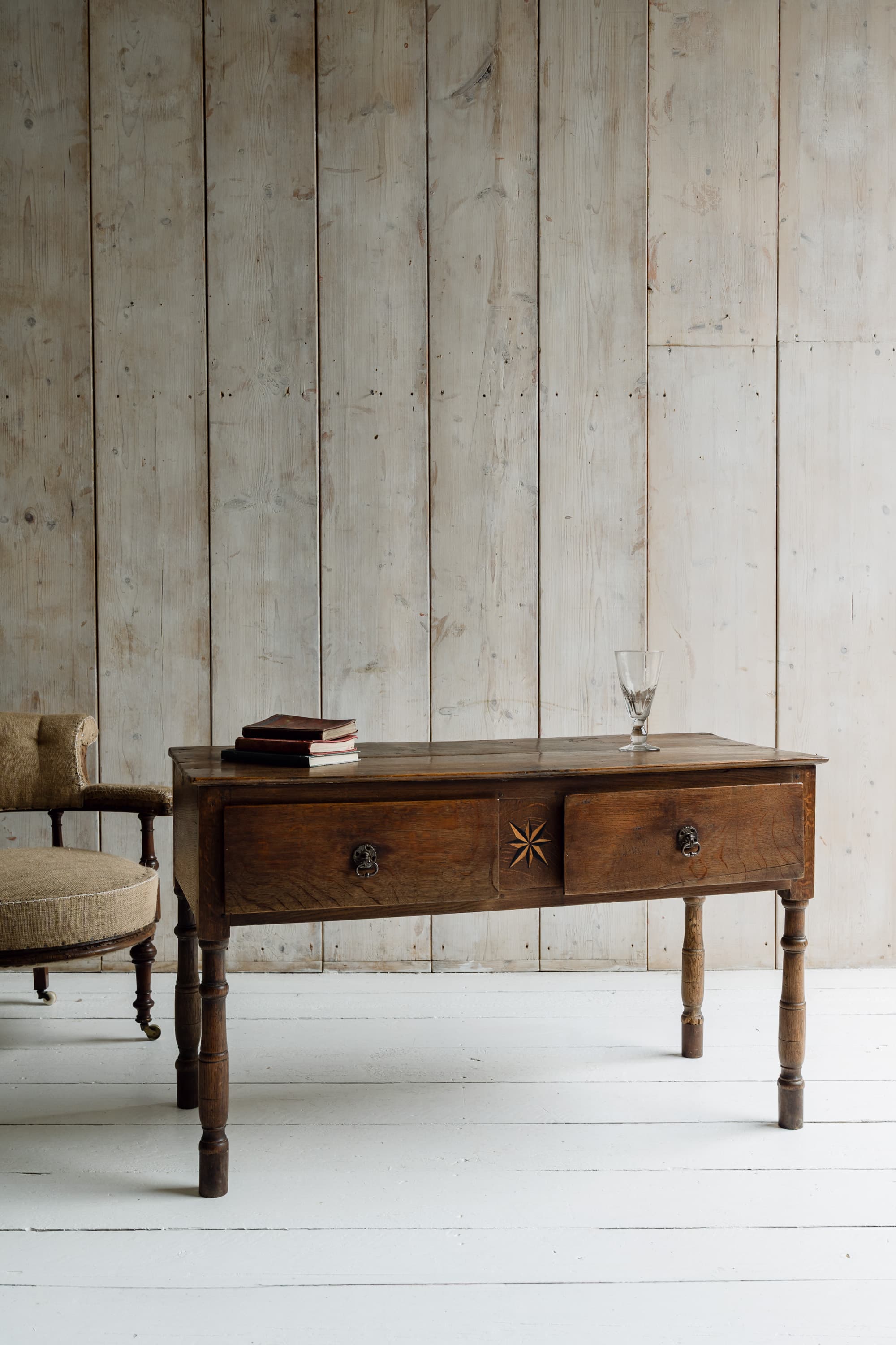 English Oak Country House Table with an Inlaid Compass Star