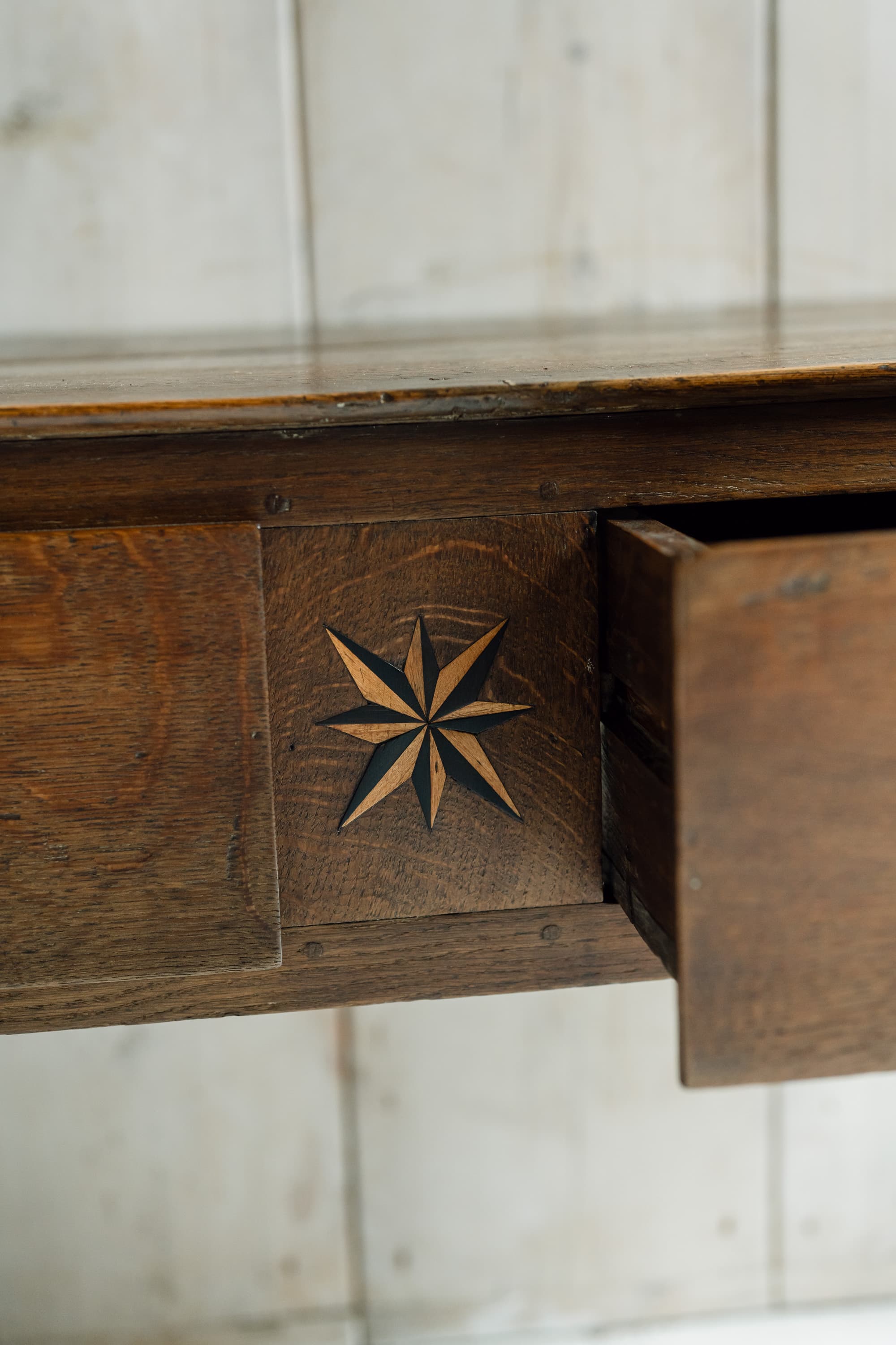 English Oak Country House Table with an Inlaid Compass Star
