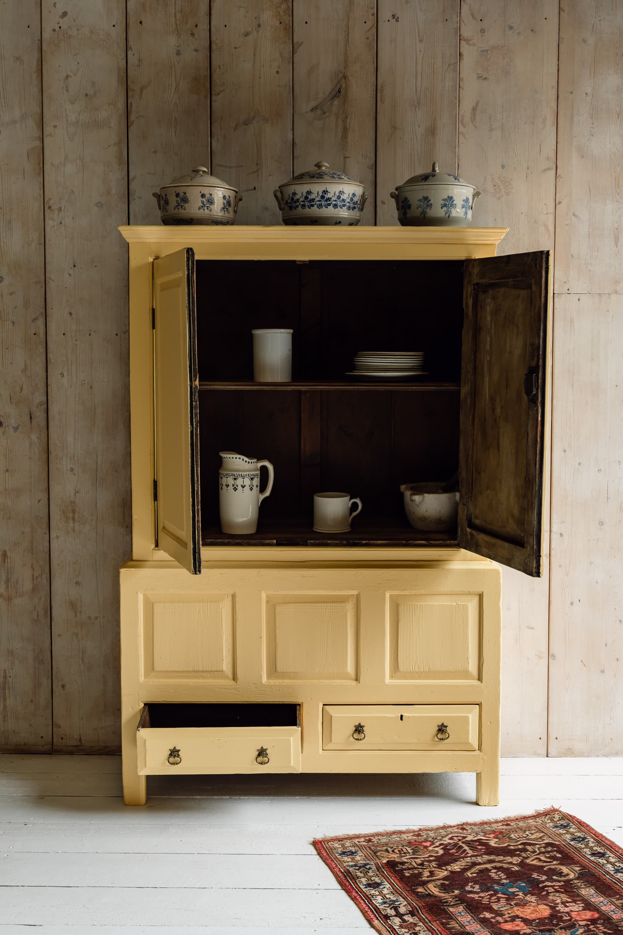 English Country House Cupboard with a Coffer Base in Warm Yellow Paint c.1800