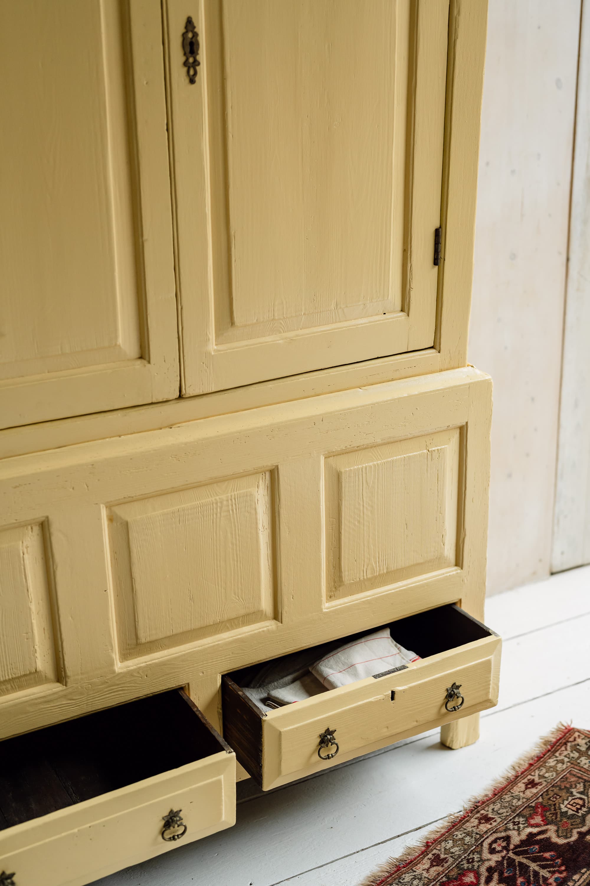 English Country House Cupboard with a Coffer Base in Warm Yellow Paint c.1800