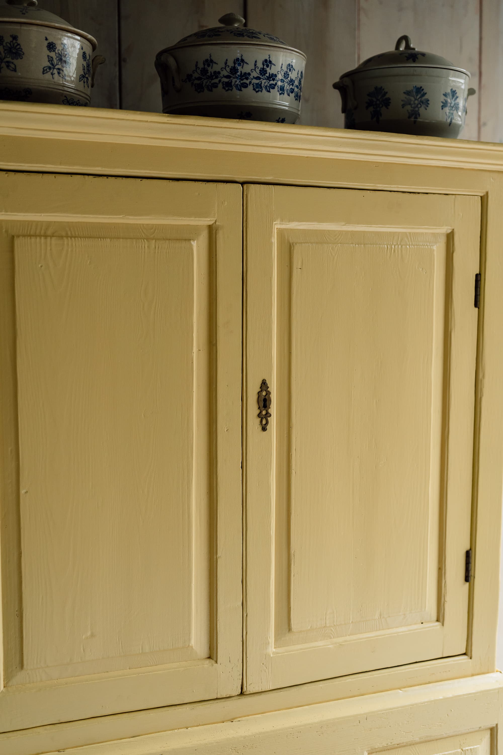 English Country House Cupboard with a Coffer Base in Warm Yellow Paint c.1800