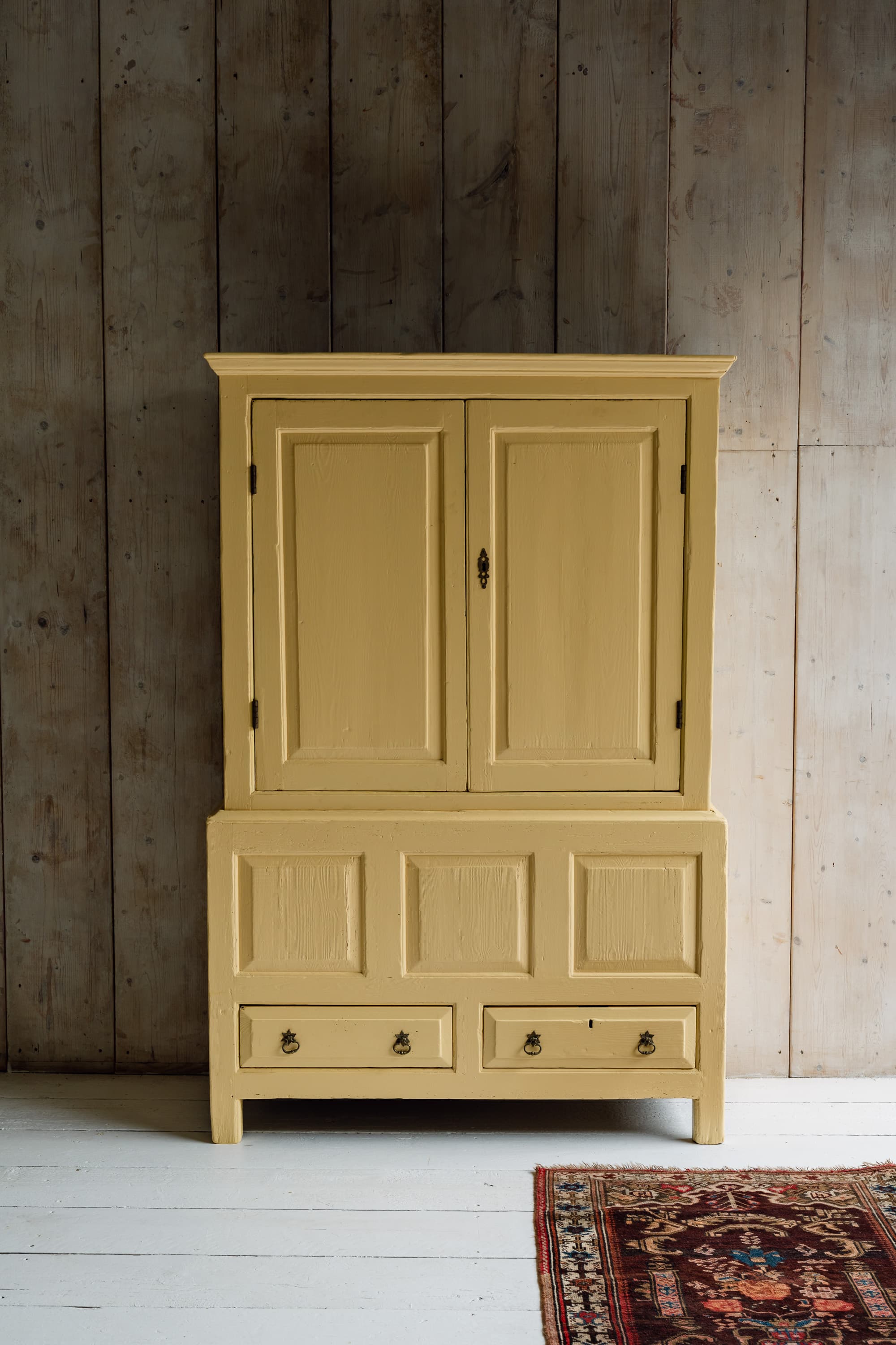 English Country House Cupboard with a Coffer Base in Warm Yellow Paint c.1800