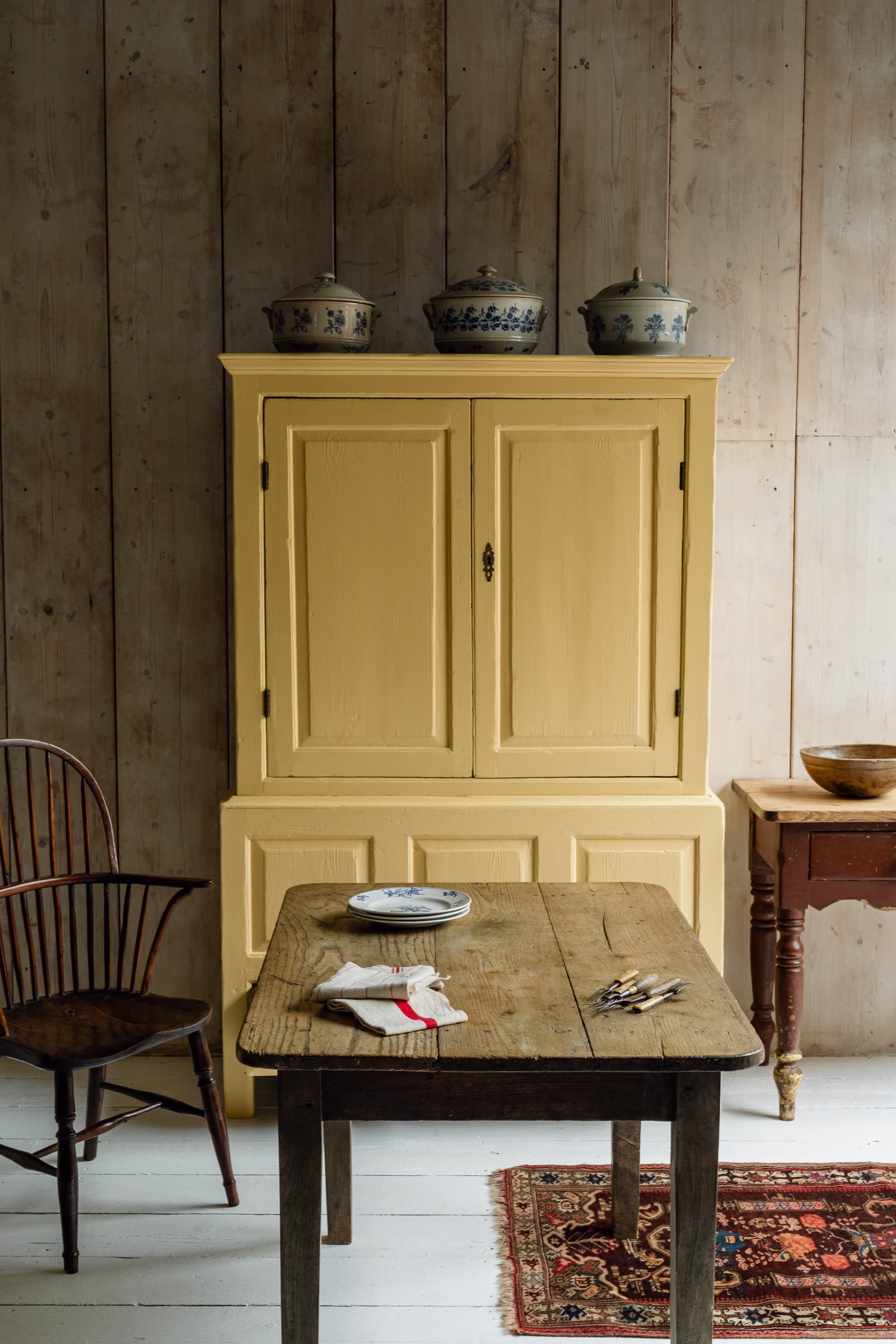 English Country House Cupboard with a Coffer Base in Warm Yellow Paint c.1800