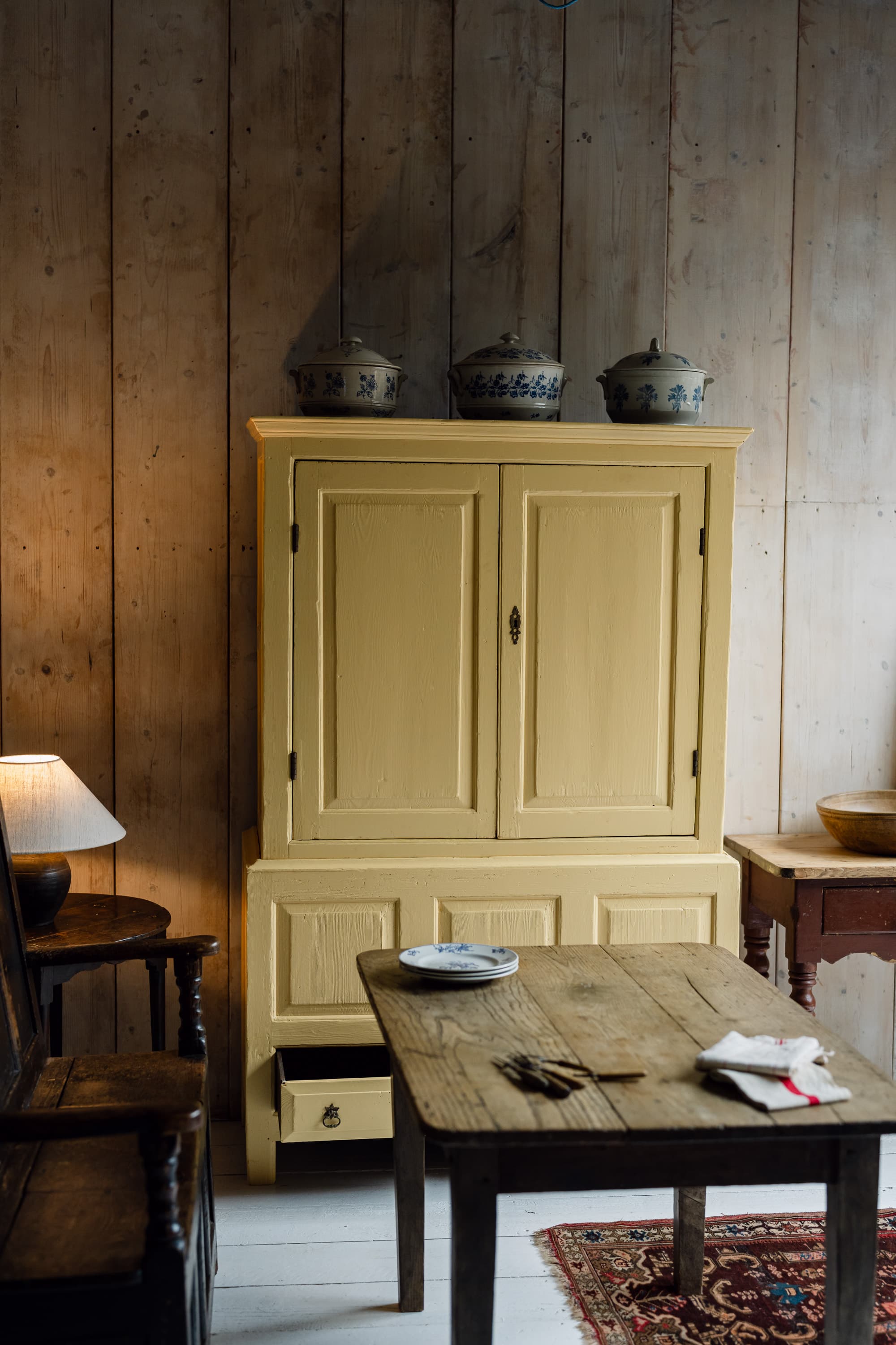 English Country House Cupboard with a Coffer Base in Warm Yellow Paint c.1800