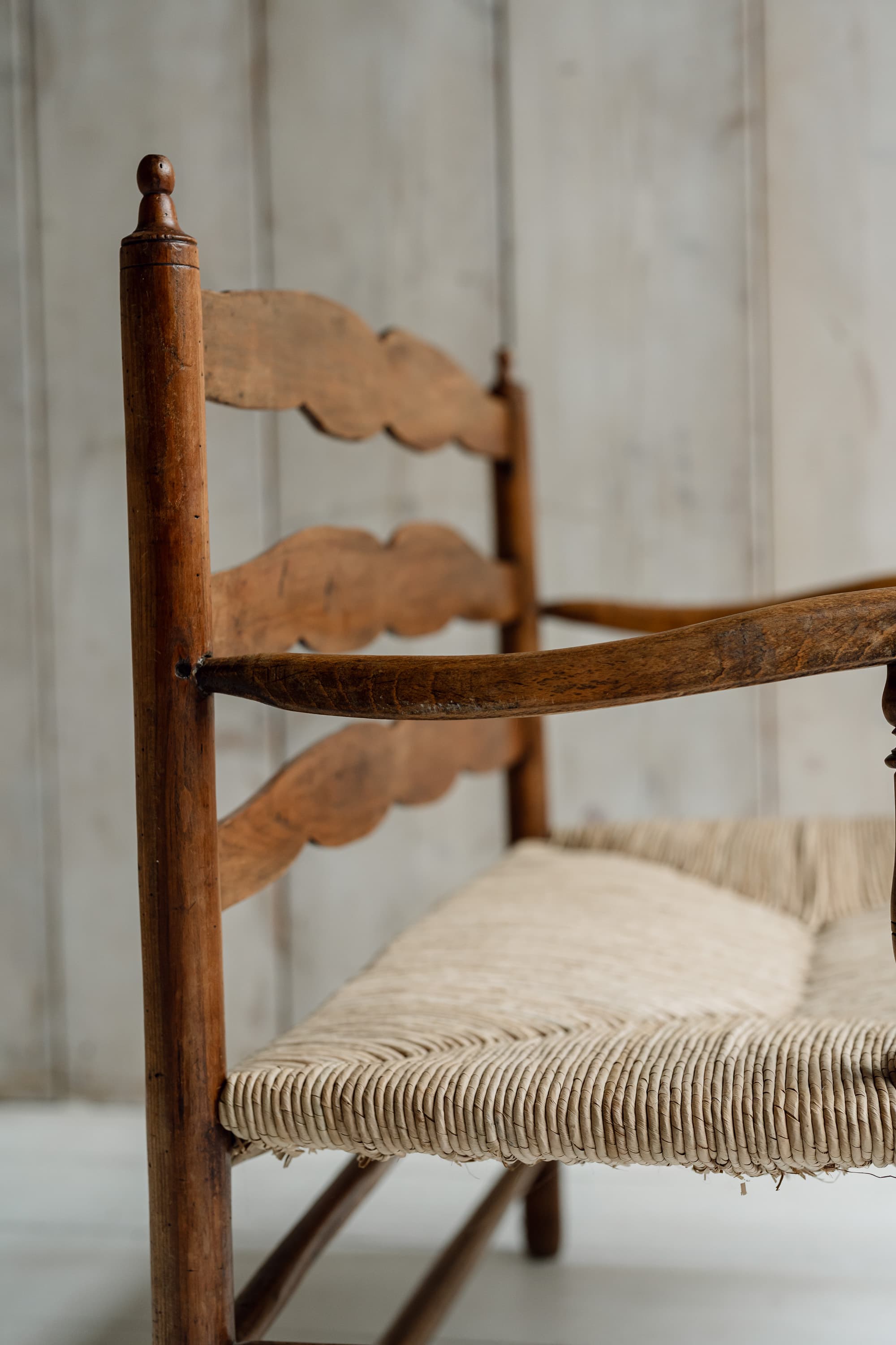 Charming French Fruitwood & Rush Country Bench, circa 1880