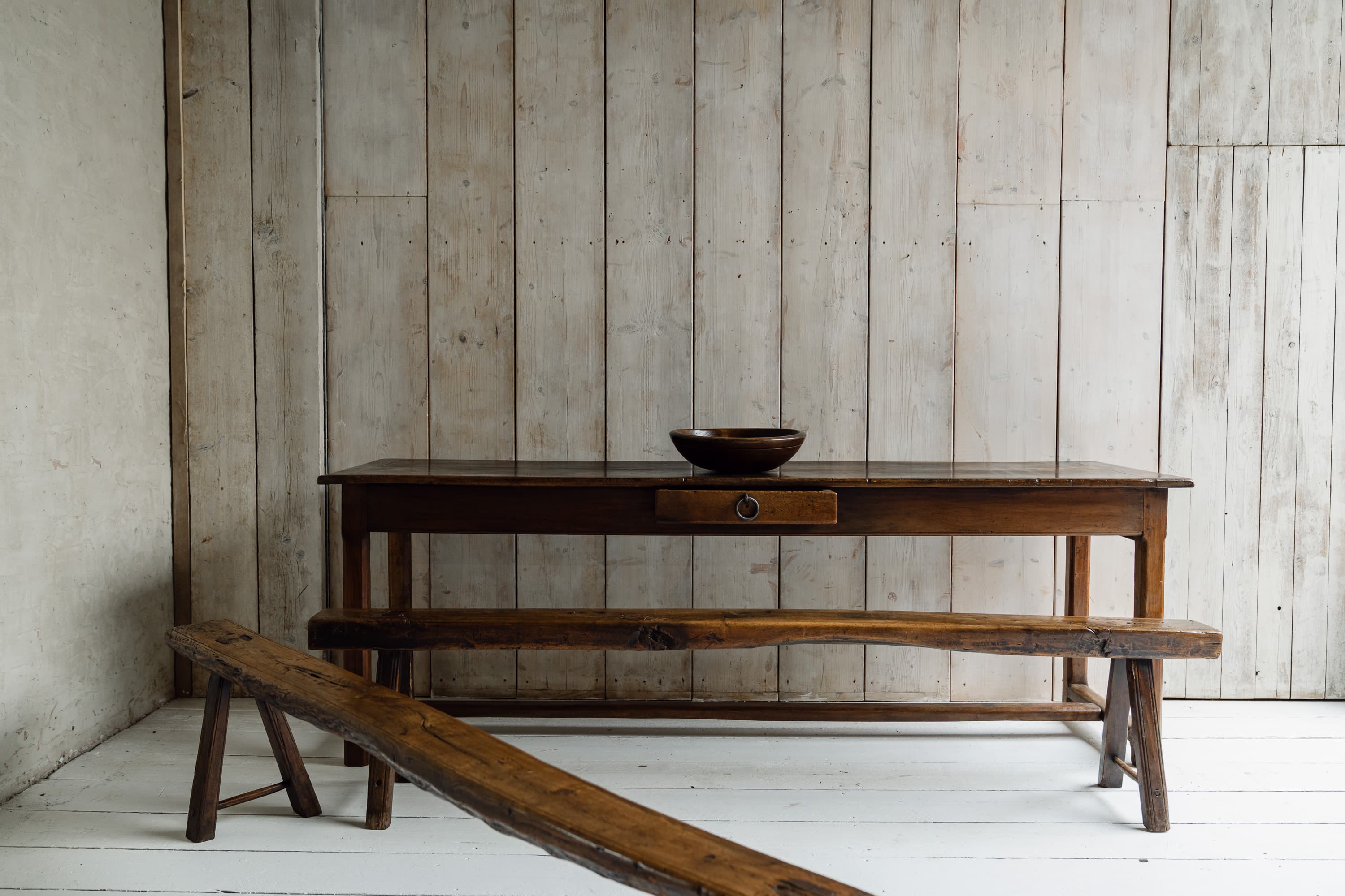 Exceptional French Alpine Chestnut Dining Table with Pair of Primitve Oak Benches, c.1850